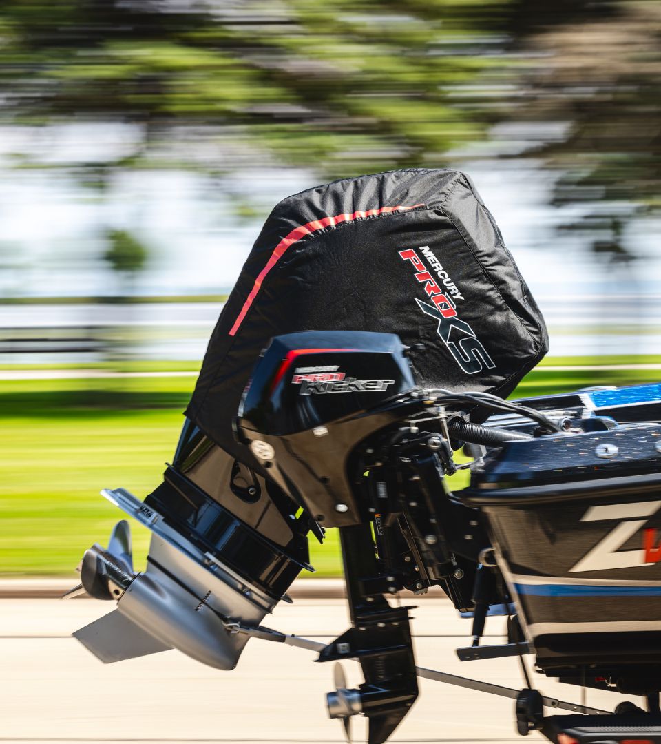 Mercury Marine Engine with a Cowl Cover Traveling at High Speeds on a Trailer