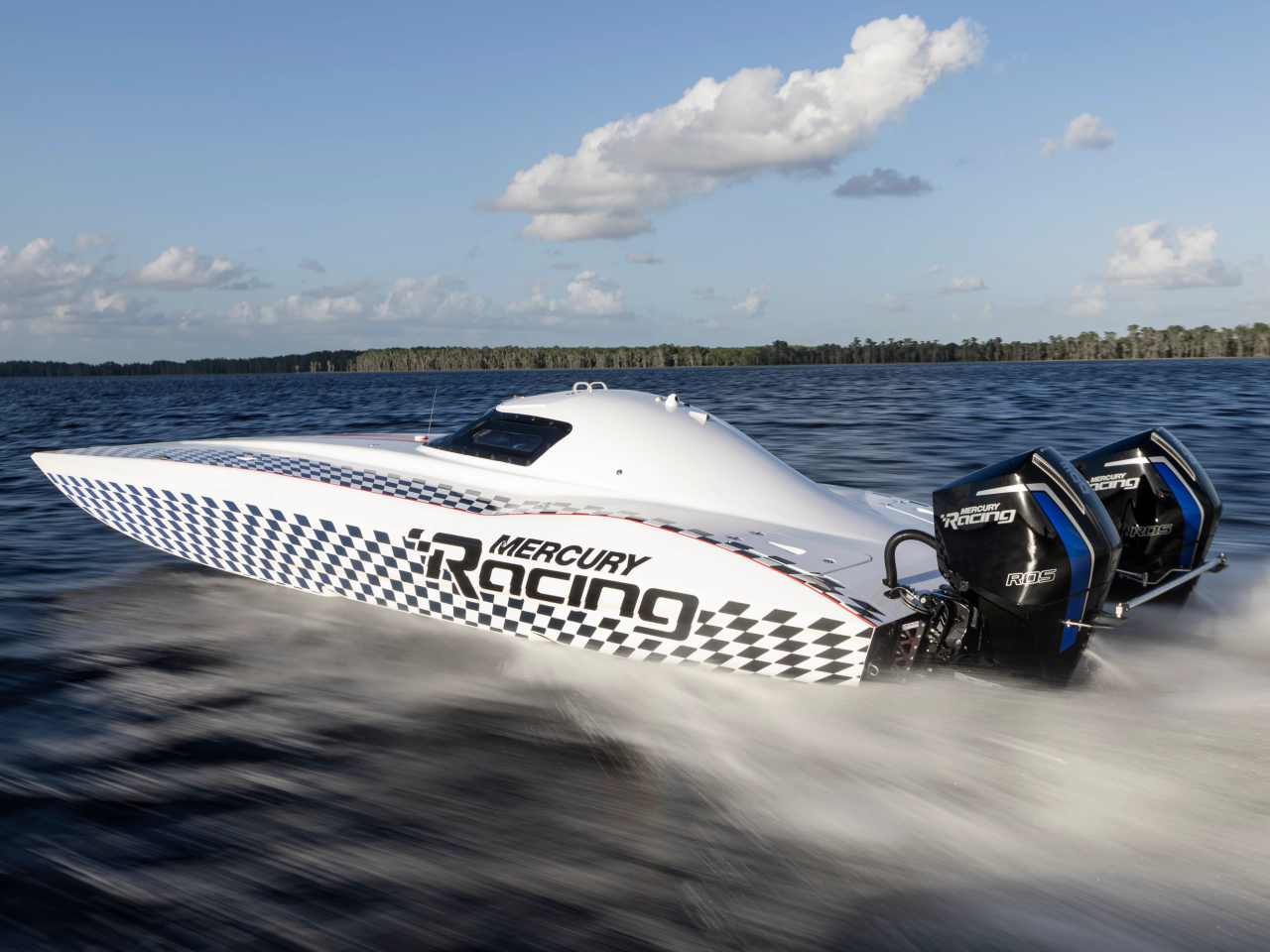 mercury marine racing boat with dual 300R outboard motors