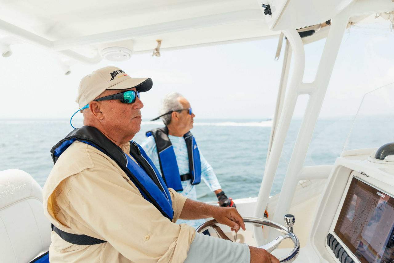 a captain enjoys a ride in his recently repowered boat