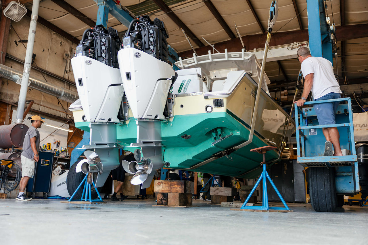 boat being repowered with twin Mercury V10 Verados