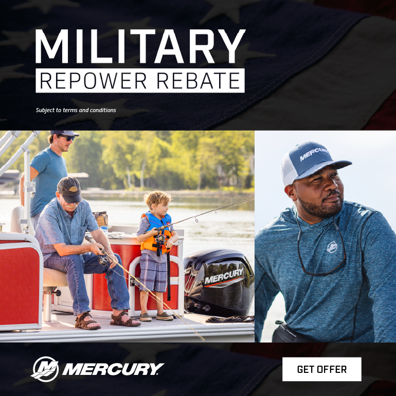 Four people fishing on a pontoon with a Mercury Marine engine
