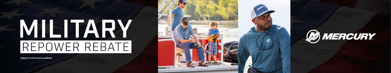Four people fishing on a pontoon with a Mercury Marine engine